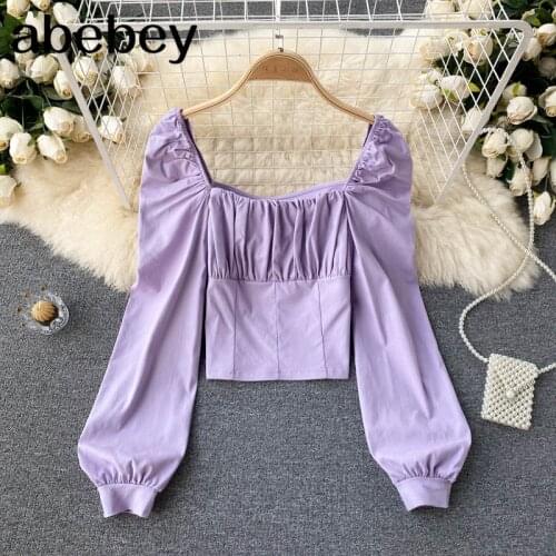 Women Fashion Korean Blouse Long Sleeve Square Collar Solid Slim Office Tops Autumn Casual Streetwear Short Blouses