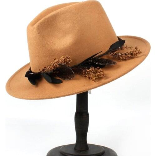 Women Wide Brim Wool Fedora Hat With Flower Winter Elegant Lady Outback Jazz Church Fascinator Hat 2Size 56-60