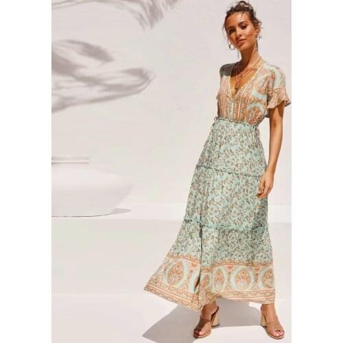 TEELYNN Ruffle Sleeve Maxi Dress women V Neck cotton Vintage Floral Print 2020 Summer dresses Vestidos boho Beach Casual Dresses