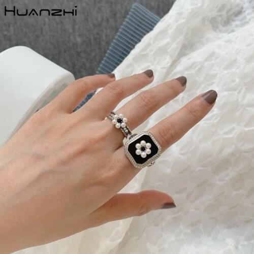 HUANZHI 2020 New Korean Exquisite Vintage Black Glaze Geometric Square Pearl Flower Metal Zircon Rings for Women Party Jewelry