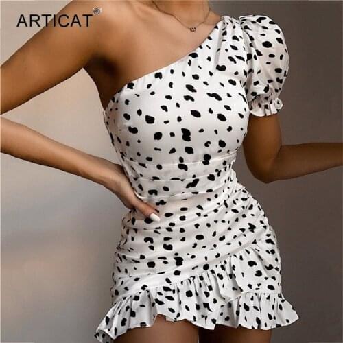 Articat Ruffle Polka Dot Bodycon Mini Dress Women Elegant One Shoulder Boho Beach A-line Dress Ladies Summer Ruched Vestido 2021