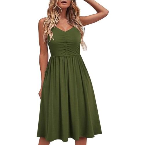 Sleeveless Slim Midi Dress Womens Spaghetti Strap V Neck 2021 Fashion Sexy Patchwork Backless Ruffles Pleated Beach Dresses