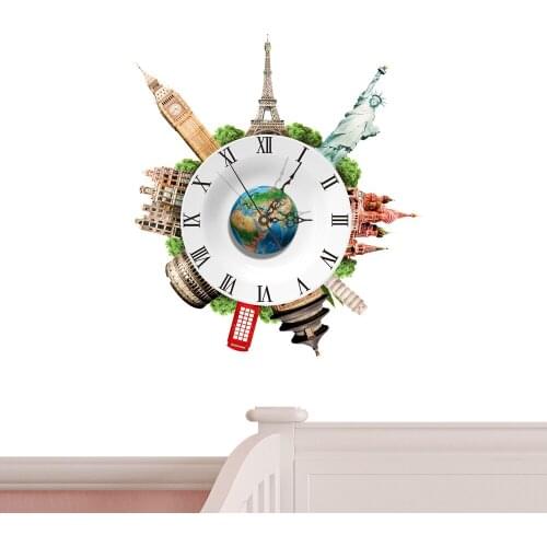 Famous Building Novelty Self Adhesive Wall Clock 3D Stickers Livingroom TV Background Home Decor Clock Fancy DIY Watch Horloge