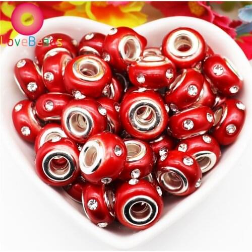 10 Pcs Red Color Gold White Black Blue Crystal Rhinestone Large Hole European Beads Spacer Charms Fit Pandora Bracelet Jewelry