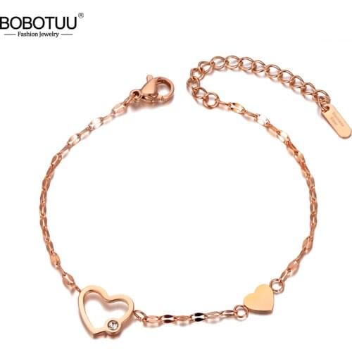 BOBOTUU Rose Gold Stainless Steel Love Heart Charm Bracelets Bangle For Women Bohemia CZ Crystal Chain Link Bracelet BB20033