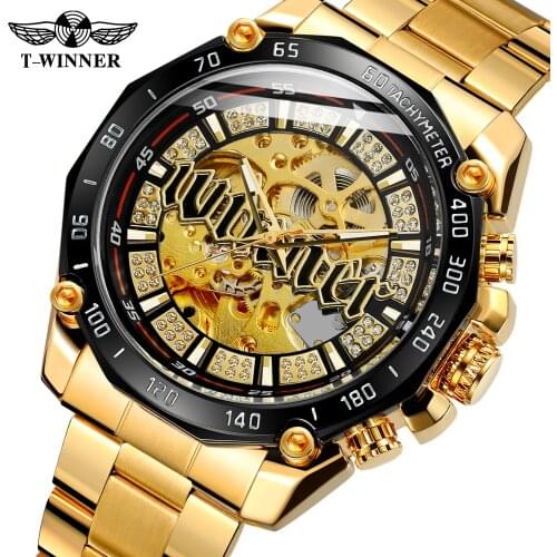 Winner Watch For Men Tourbillon Mechanical Luxury Quartz Clock Sport Breitling Otamatone Skeleton Gold Stainless Steel Bracelet