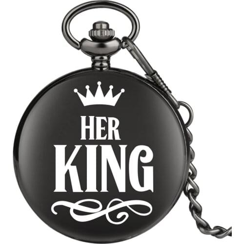 Printed Her King/His Queen Design Retro Black Quartz Pocket Watch Fob Chain Full Hunter Pendant Antique Pocket Clock Gifts