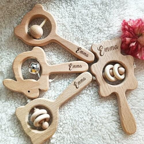Personalized Baby Name Wooden Rattle Hair Brush Set 0-12 Months Baby Rattle Sensory Toy Custom Name Newborn Baby Kids Gift Set
