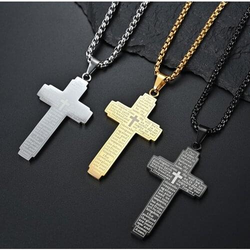 Hot Sale Christian Minimalist Cross Stainless Steel Necklaces For Man Bible Golden Black Religion Jesus Street Male Necklace