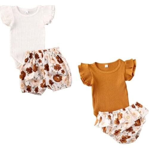 0-24M Newborn Infant Baby Girls Boys Clothes Sets Solid Ruffles Sleeve Romper Tops+Floral Shorts 2pcs