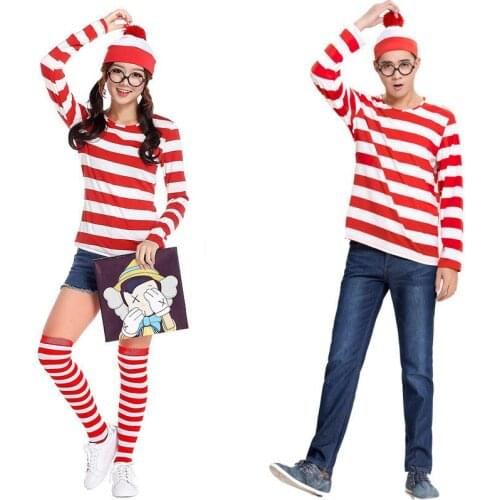 Adults Mens Ladies Wally Wenda Waldo Character Costume Red White Outfit Book Week Fancy Dress Shirt Hat Glasses