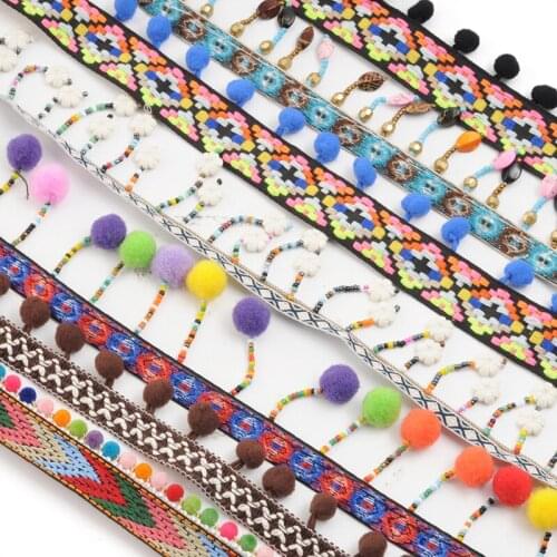 1 Meter Ethnic Style Hair Ball Fringed Lace Dress Hat Skirt Decoration Lace Bohemian Webbing Strip Rinbon TJ4678