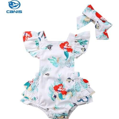 Infant Newborn Kids Baby Girls Lace Mermaid pattern Ruffles Sleeve Bodysuit Jumpsuit Outfits Clothes Size 0-24M