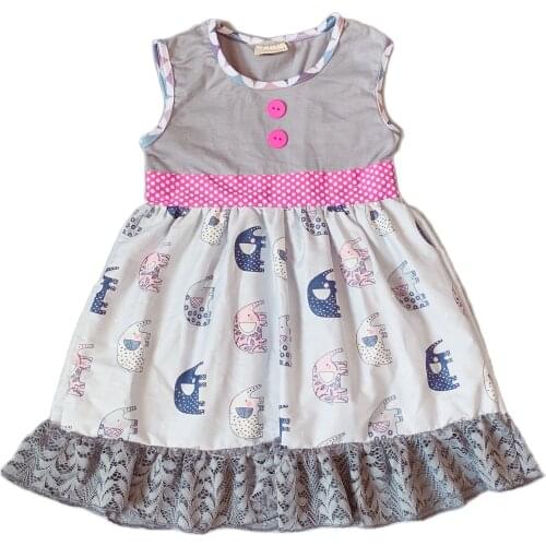 Girl Summer Clothing grey tops with elephant Printed Baby Girls Dress for party present Cow dress with pink button