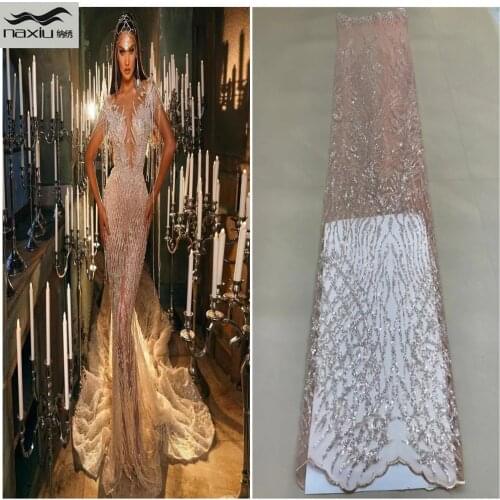 Madison 2021 African Lace Fabric High Quality Sequins Ghana Beads Stretch Tulle Flower Lace For Nigerian Evening Party Dress Sew