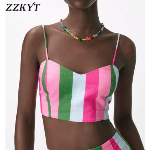 ZZKYT 2021 Women Summer Fashion Striped Back Elasticity Tank Tops Vintage V-Neck Sleeveless Thin Straps Casual Camis Chic Tops