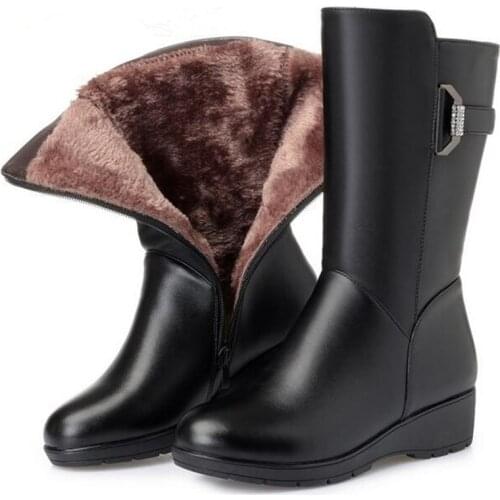 2020 New Elegant Fashion Winter Women Boots Plus Velvet Warm Wool Snow Boots Flat Wedges Genuine Leather Boots Women Shoes Boots