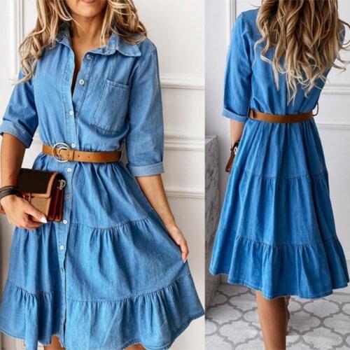 New Simple Denim Midi Dress Three Quarter Sleeve Turn-down Collar Buttons Leather Belt Ruffle Denim Dress for Casual Daily Work