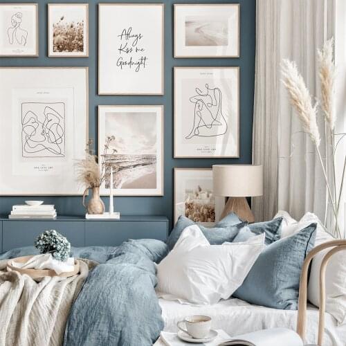 Beach Reed Wheat Line Love Kiss Girl Face Wall Art Canvas Painting Nordic Posters And Prints Wall Pictures For Living Room Decor