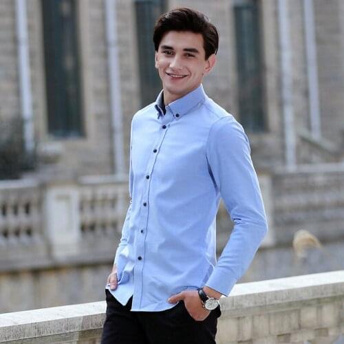 New Fashion Mens Pure Color Formal Shirts Man Slim Button Down Long Sleeve Shirt High Qulity Polyester Casual Soft Shirt