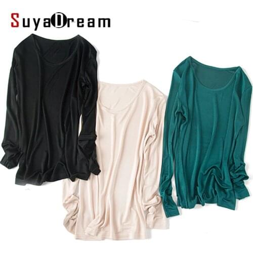SuyaDream Women Basic Shirt Real Silk T shirts Solid Long sleeved O neck Healthy TOP 2020 Autumn Winter Wine