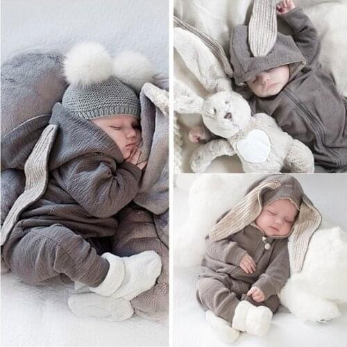 Comfortable Cotton Baby Girl Clothes Cute Big Ear Rabbit Children Jumpsuit Hooded Zipper Baby Romper 0-2 Years Old Kids Clothes