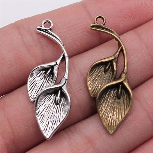 WYSIWYG 10pcs 40x14mm Pendant Calla Lily Leaf Branch Charm Pendants For Jewelry Making Antique Silver Color Leaf Pendants