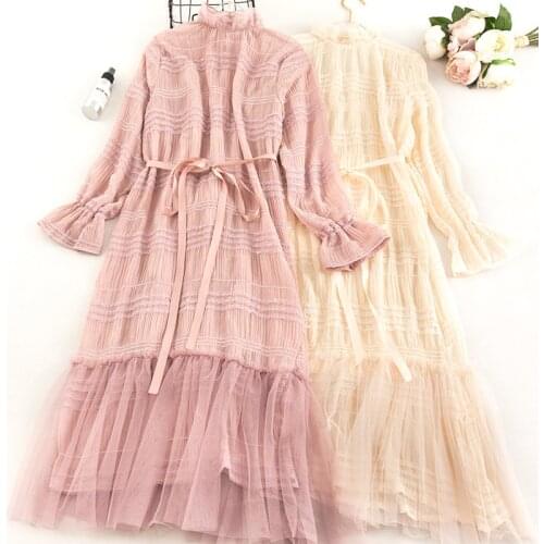 Women Flare Sleeve Pleated Mesh Gauze Ruffles Dress New Female Elastic Bandage Strap Slim Pullover Party Striped Lace Midi Dress