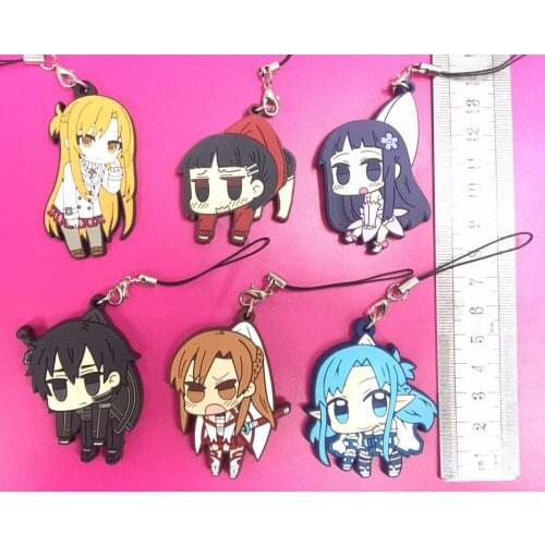 6pcs/lot Sword Art Online Original Japanese anime figure rubber Silicone sweet smell mobile phone charms/key chain/strap G924