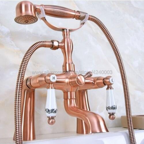 Antique Red Copper Bathtub Faucet Deck Mounted Shower Faucet Tub Mixer Tap With Hand Shower Kna175