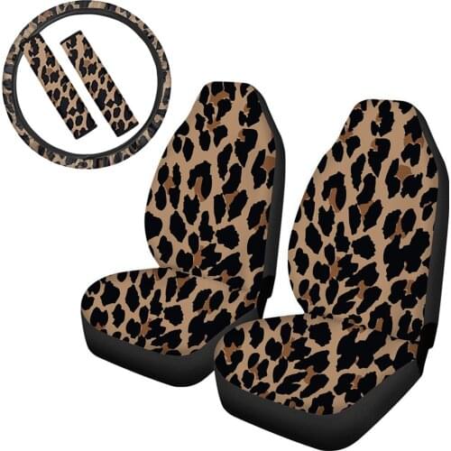 INSTANTARTS Leopard Print 5pcs Car Seat Covers for Women Interior Awesome Steering Wheel Cover Set Thick Shoulder Strap Pad