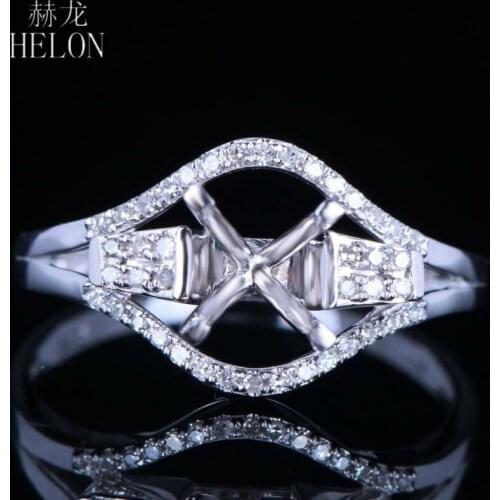 HELON Round 6mm Solid 14k White Gold 0.12ct Natural Diamonds Semi Mount Engagement Wedding Ring Women Trendy Fine Jewery Gift
