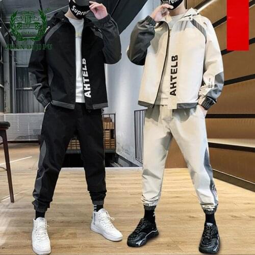 Korean Fashion Sportswear Sets Men Patchwork Letter Printed Tooling Coat Male Spring Casual Multiple Pockets Hooded Suit Jackets