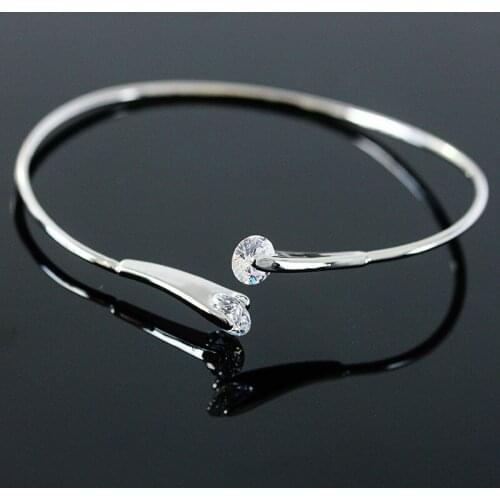 Round Shiny Crystal On Top Double Heads Opening Thin Band Bracelets & Bangles for Women