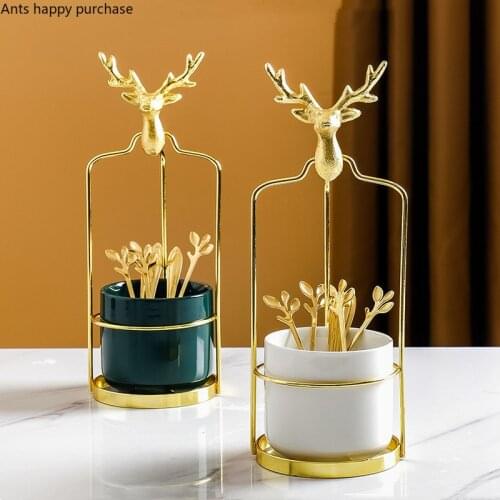 Ceramic Metal Storage Tank Stainless Steel Leaf Fruit Fork Spoon Set Tableware Sorting Box Deer Head Iron Art Storage Rack