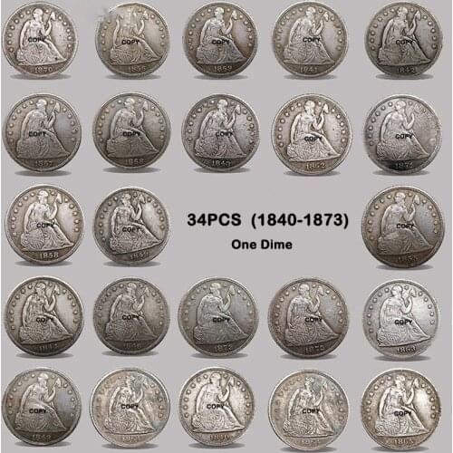 34PCS Set(1840-1873) Silver Plated Chose Seated Liberty One Dime Challenge Copy Replica Coins Creative Gift Souvenir Collection