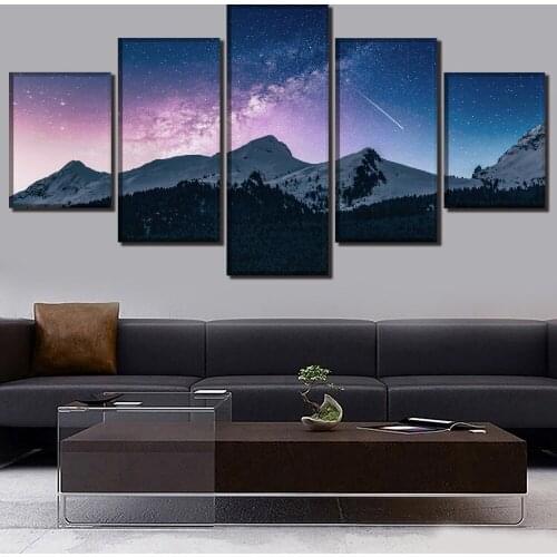Canvas Pictures Wall Art Framework HD Print Poster 5 Pieces Starry Sky Snowy Mountains Landscape Painting Modern Home Decorative