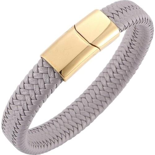 New Gray Braided Leather Bracelet Men Jewelry Stainless Steel Magnetic Buckle Male Wrist Band Fashion Bangles Gifts S0007