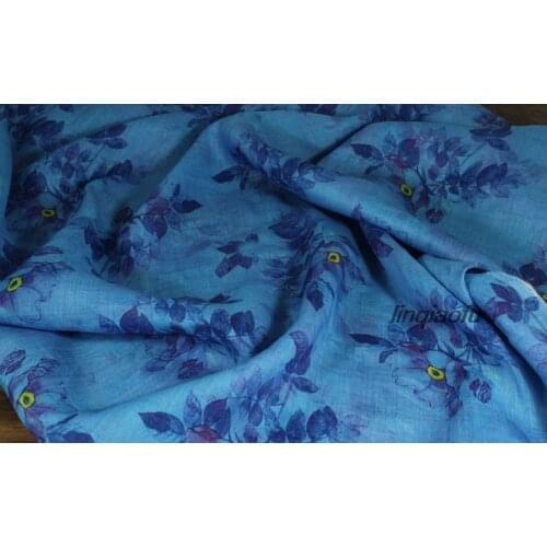 Original design transparent blue and purple bottom pure ramie printed fabric