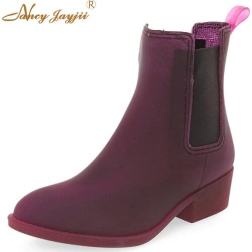Autumn Women Newest Purple&Blue Waterproof Rubber Round Roe Flat Heel Elastic Ankle Chelsea Boots Women Shoes Booties Size 4-16