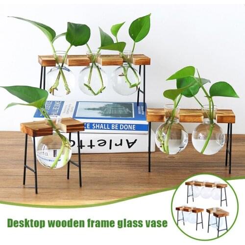 Hydroponic Glass Planters Vases Transparent Mini Home Glass Plant Pots with Wooden Frame GQ