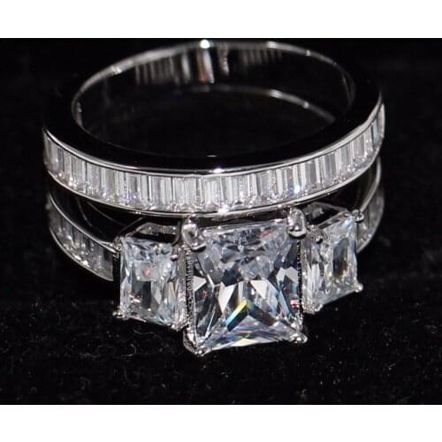 Size 5-11 Original Handmade Luxury Jewelry 925 Sterling Silver Three Stone Princess Clear 5A Zirconia CZ Women Bridal Ring Set