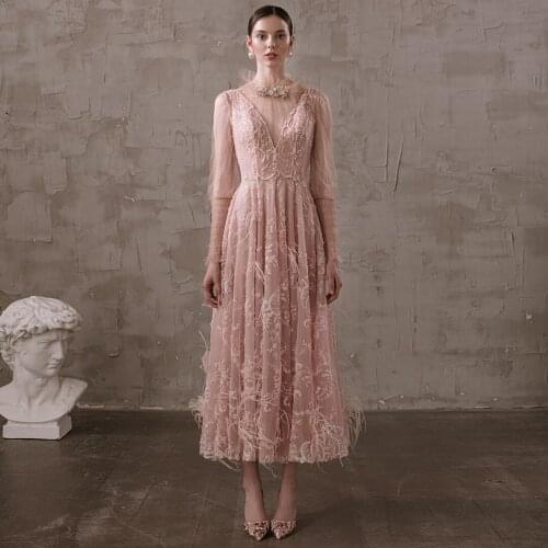 Pink A-line V-neckline Evening dress zipper back prom dress ankle length long sleeves party dress