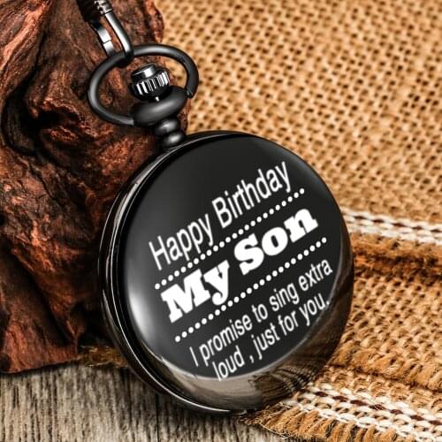 Happy Birthday My Son Pattern Male Small Clock White Dial Practical Pendant Collection Portable Quartz Black Pocket Watch