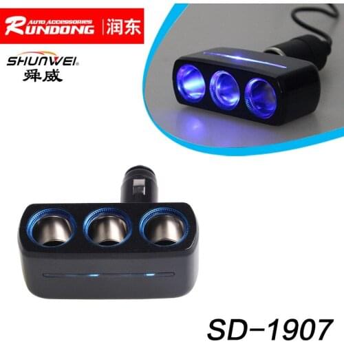 Shunwei adjustable Angle one point three car power distributor cigarette lighter socket with LED sd-1907