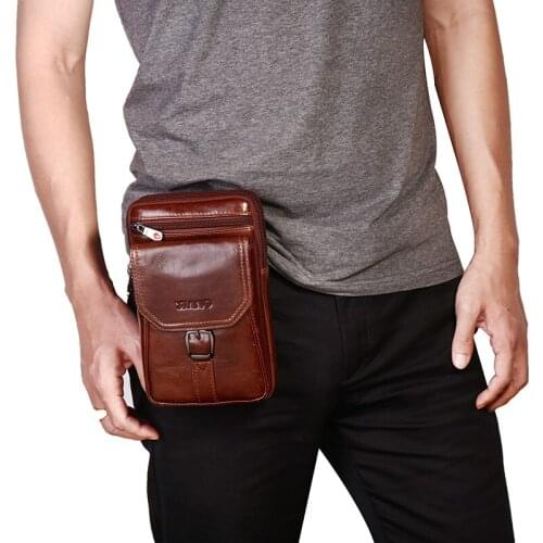 High Quality Genuine Leather Cell Mobile Phone Case Small Messenger Shoulder Cross Body Double Zip Belt Bag Men Waist Hook Pack