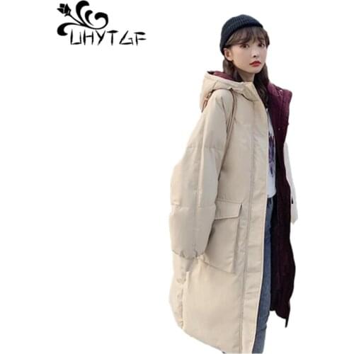 UHYTGF Woman Jacket Plus Size Down Cotton Jackets Winter Jacket Women Parkas Long Coat Hooded Parka Outerwear Kobieta Kurtka 915