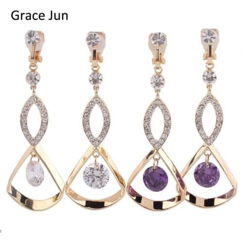 Grace Jun High Quality Rhinestone CZ Long Gold Color Clip on Earrings Without Piercing for Women Elegant Fine Jewelry Earring