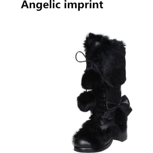 Angelic imprint mori girl Women winter warm boots lady lolita Boots woman princess high heels shoes real rabbit hair 33-47 8009