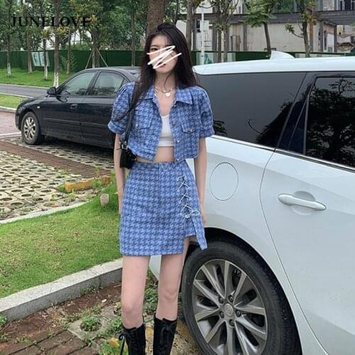 Women Sets Turn Down Collar Mini Plaid Girlish Cool Korean Style Summer 2021 A-line Casual Streetwear Vintage Female Fashion Set